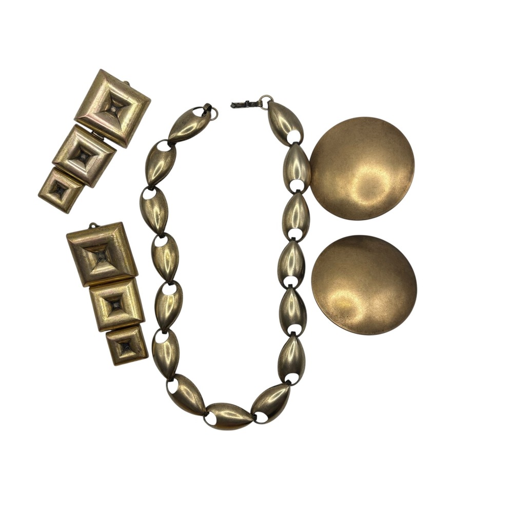Vintage Gold Tone Geometric‎ Clip On Earrings Necklace Jewelry Set